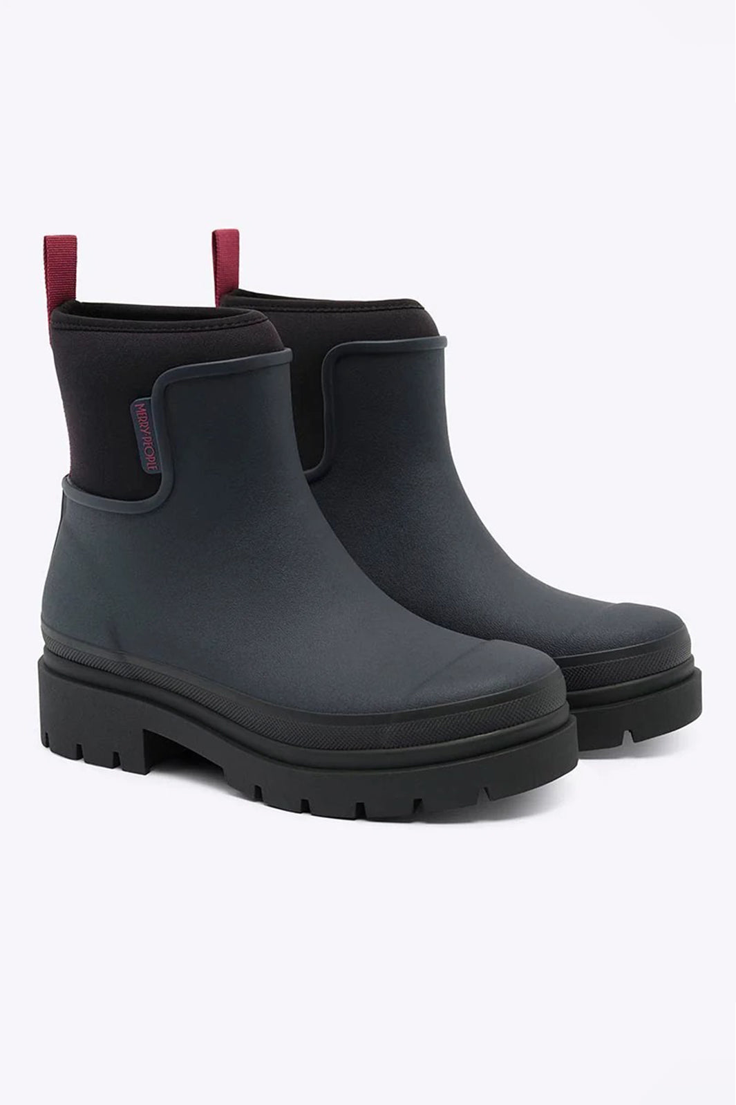 Merry People Tully Midnight &amp; Magenta Navy Short Wellington Boots, front angle