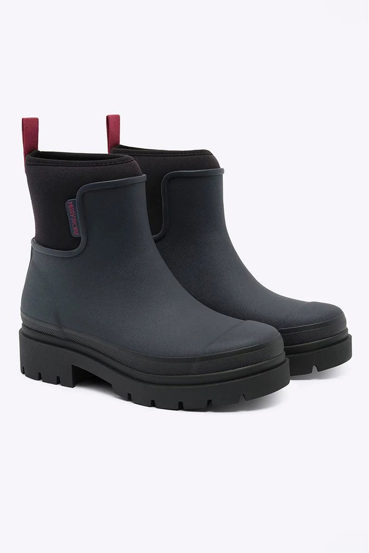 Merry People Tully Midnight &amp; Magenta Navy Short Wellington Boots, front angle