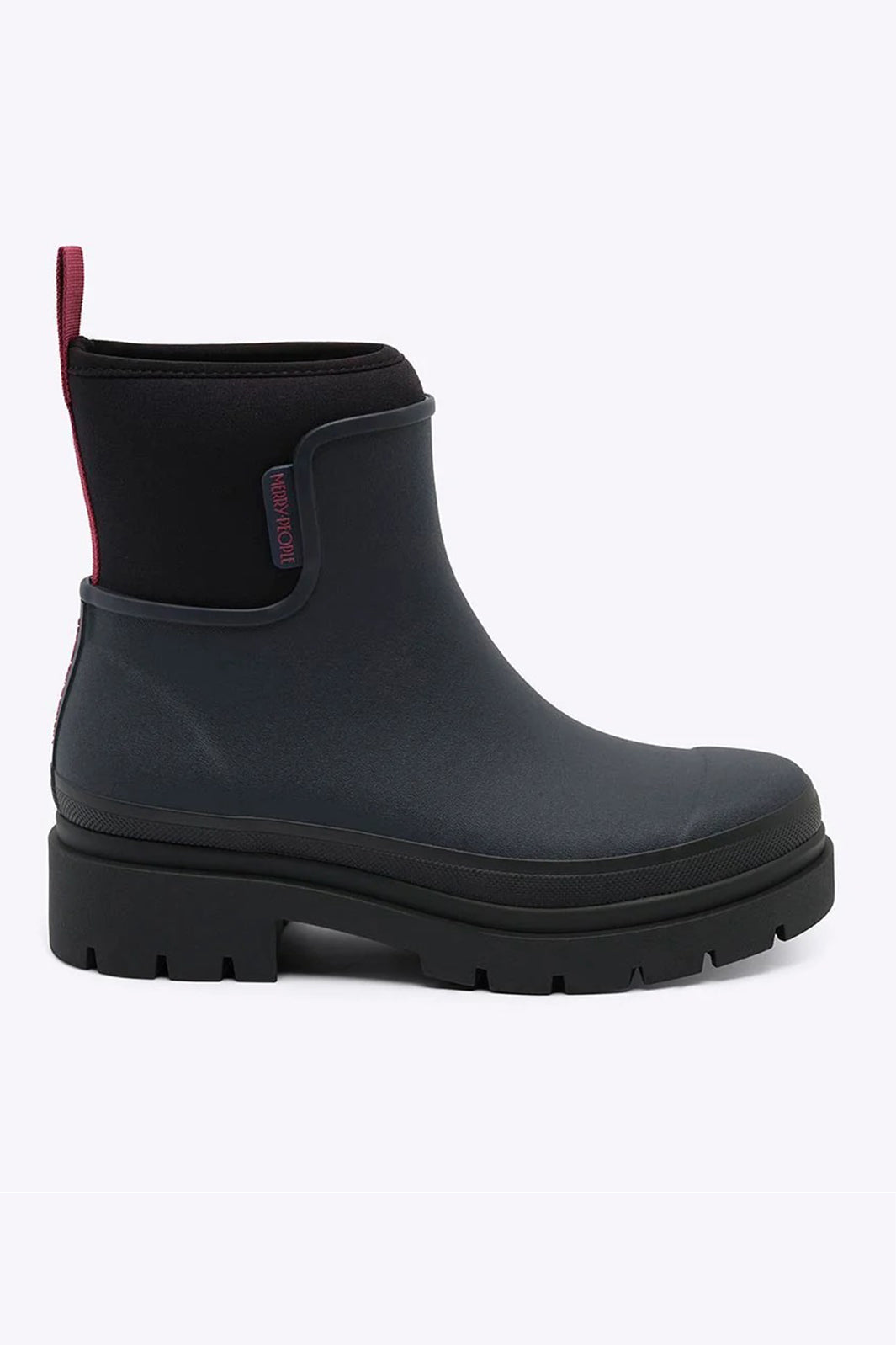 Merry People Tully Midnight &amp; Magenta Navy Short Wellington Boots, side view