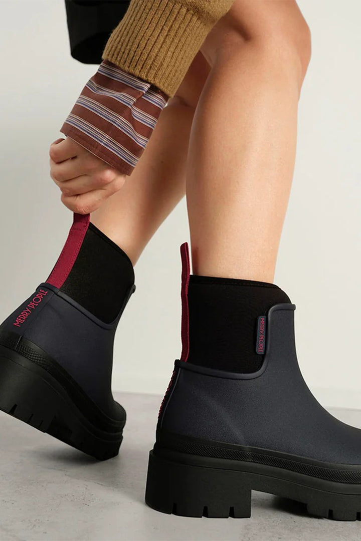 Merry People Tully Midnight &amp; Magenta Navy Short Wellington Boots, worn, second view