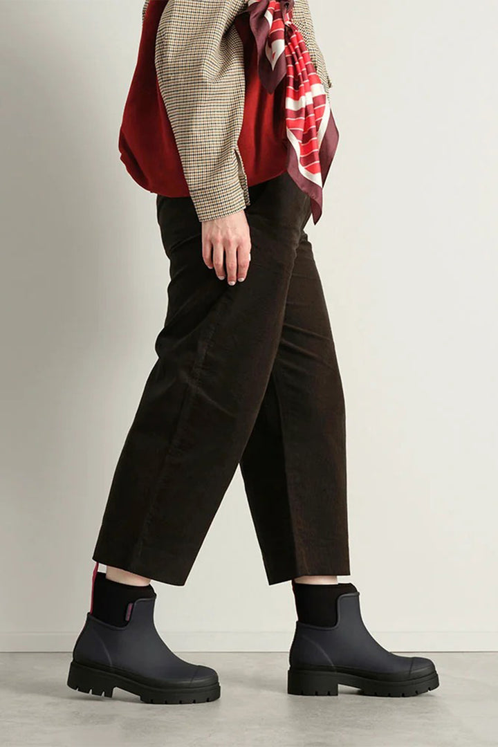 Merry People Tully Midnight &amp; Magenta Navy Short Wellington Boots, worn, third view