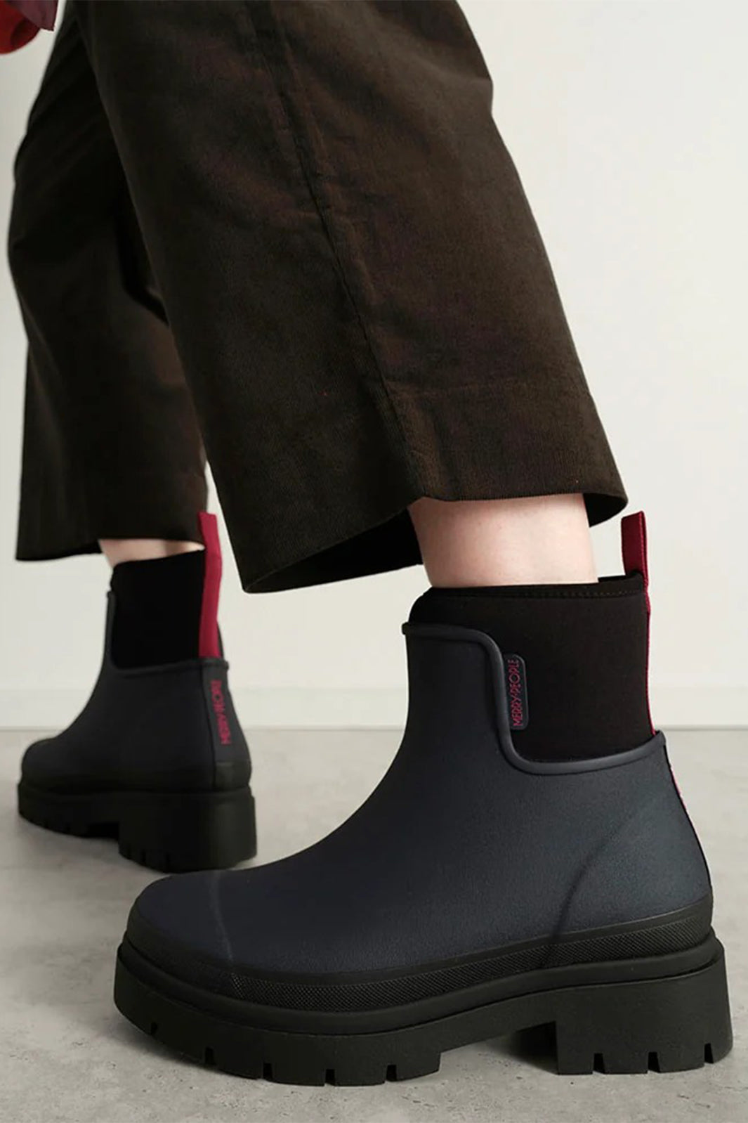 Merry People Tully Midnight &amp; Magenta Navy Short Wellington Boots, worn, fourth view