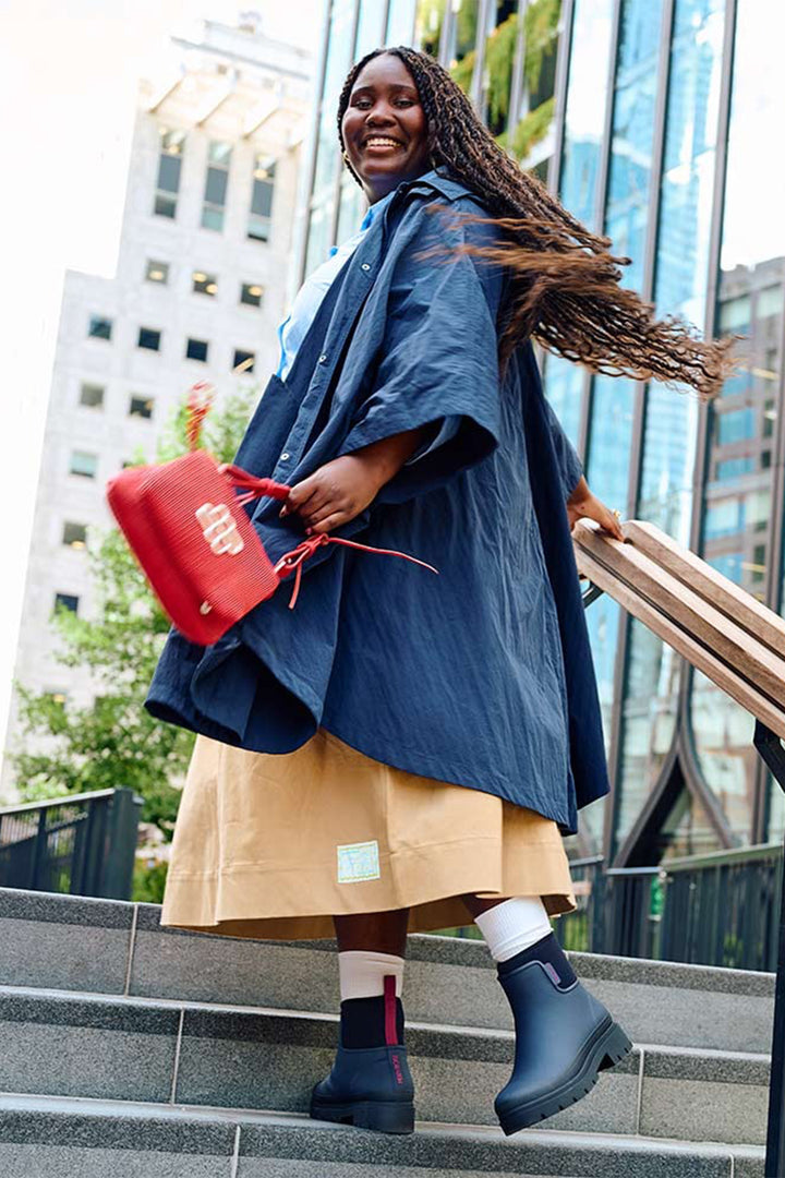 Merry People Tully Midnight &amp; Magenta Navy Short Wellington Boots, lifestyle