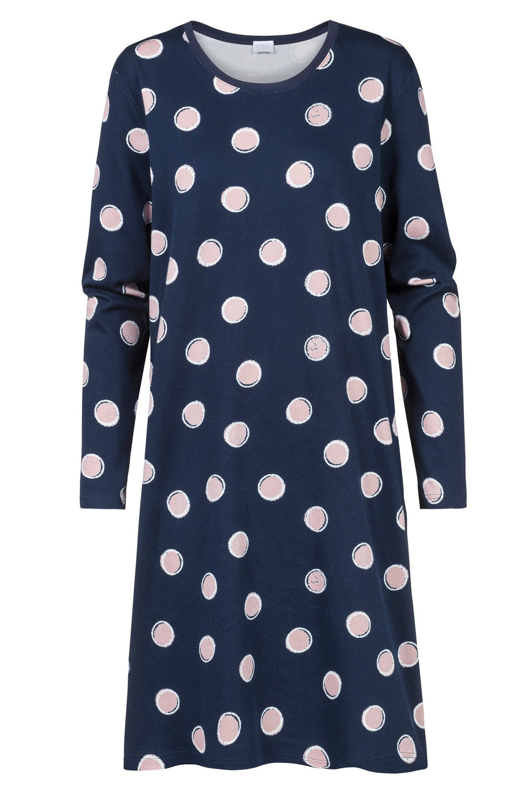 Navy blue dress with pink polka dots on a white background