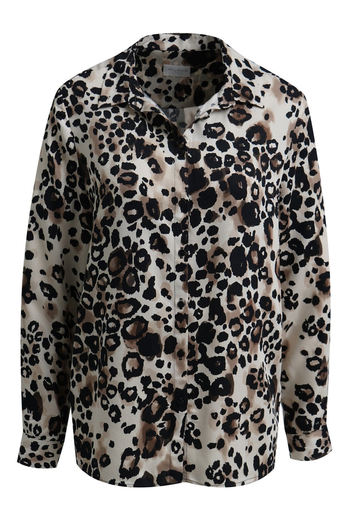 Milano Italy Mocca Print Beige Blouse, close-up