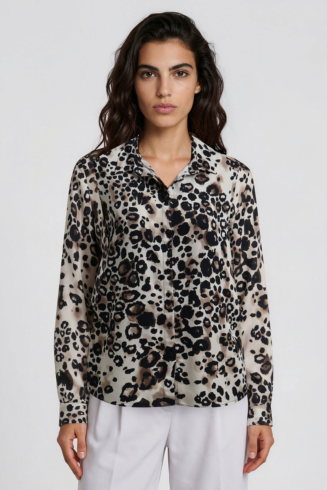 Milano Italy Mocca Print Beige Blouse, front