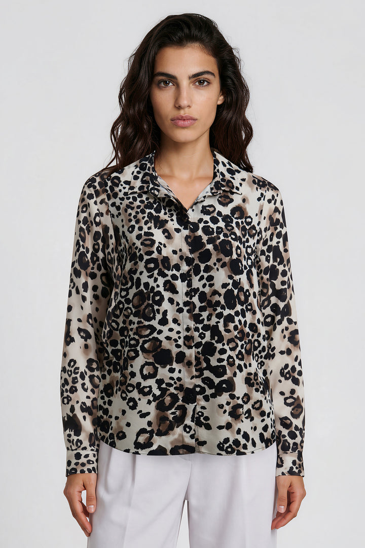 Milano Italy Mocca Print Beige Blouse, front