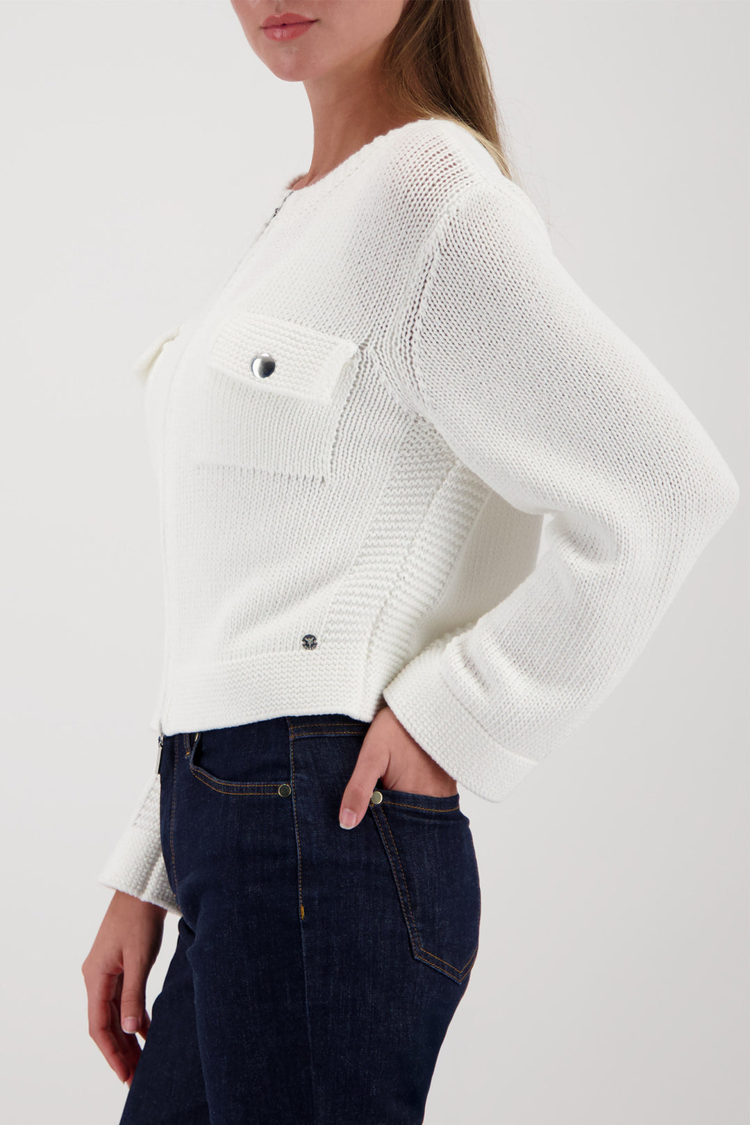 Monari 410209 102 Off-White Zip Front Patch Pocket Cardigan