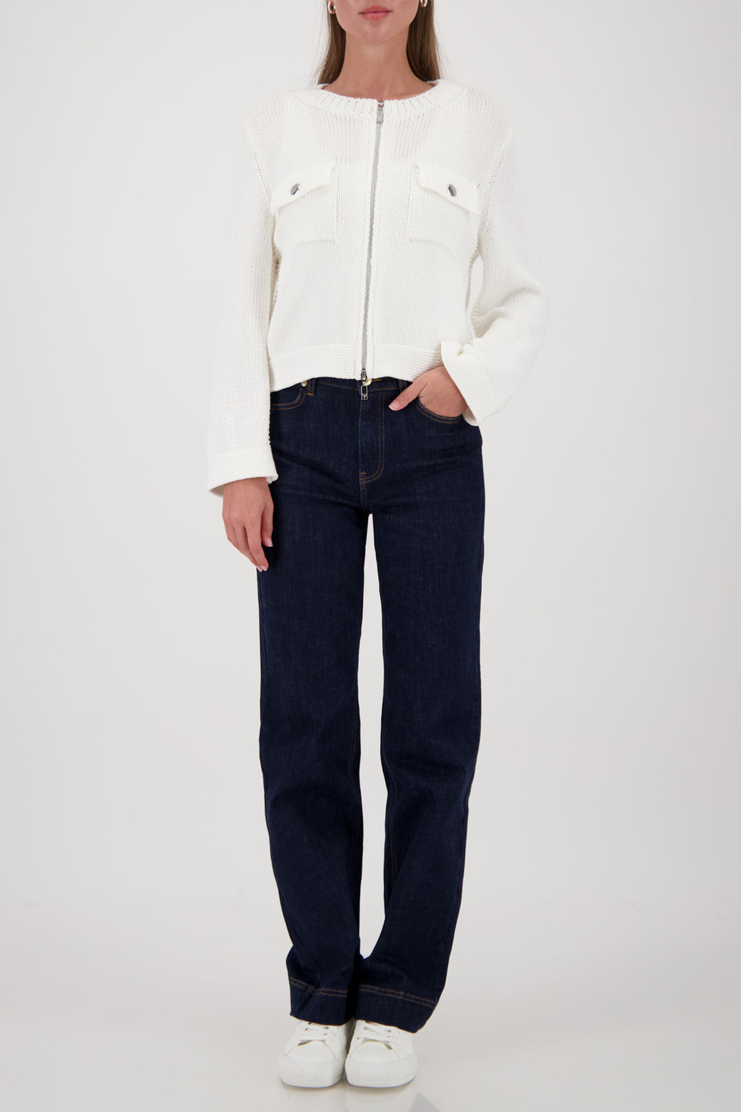 Monari 410209 102 Off-White Zip Front Patch Pocket Cardigan