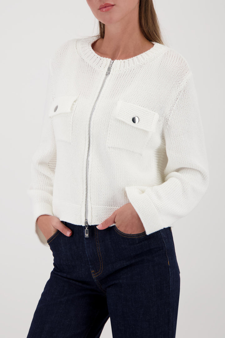 Monari 410209 102 Off-White Zip Front Patch Pocket Cardigan
