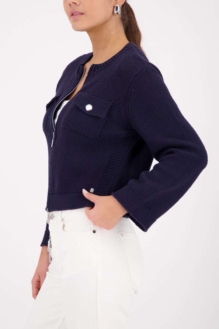 Monari 410209 755 Navy Zip Front Patch Pocket Cardigan