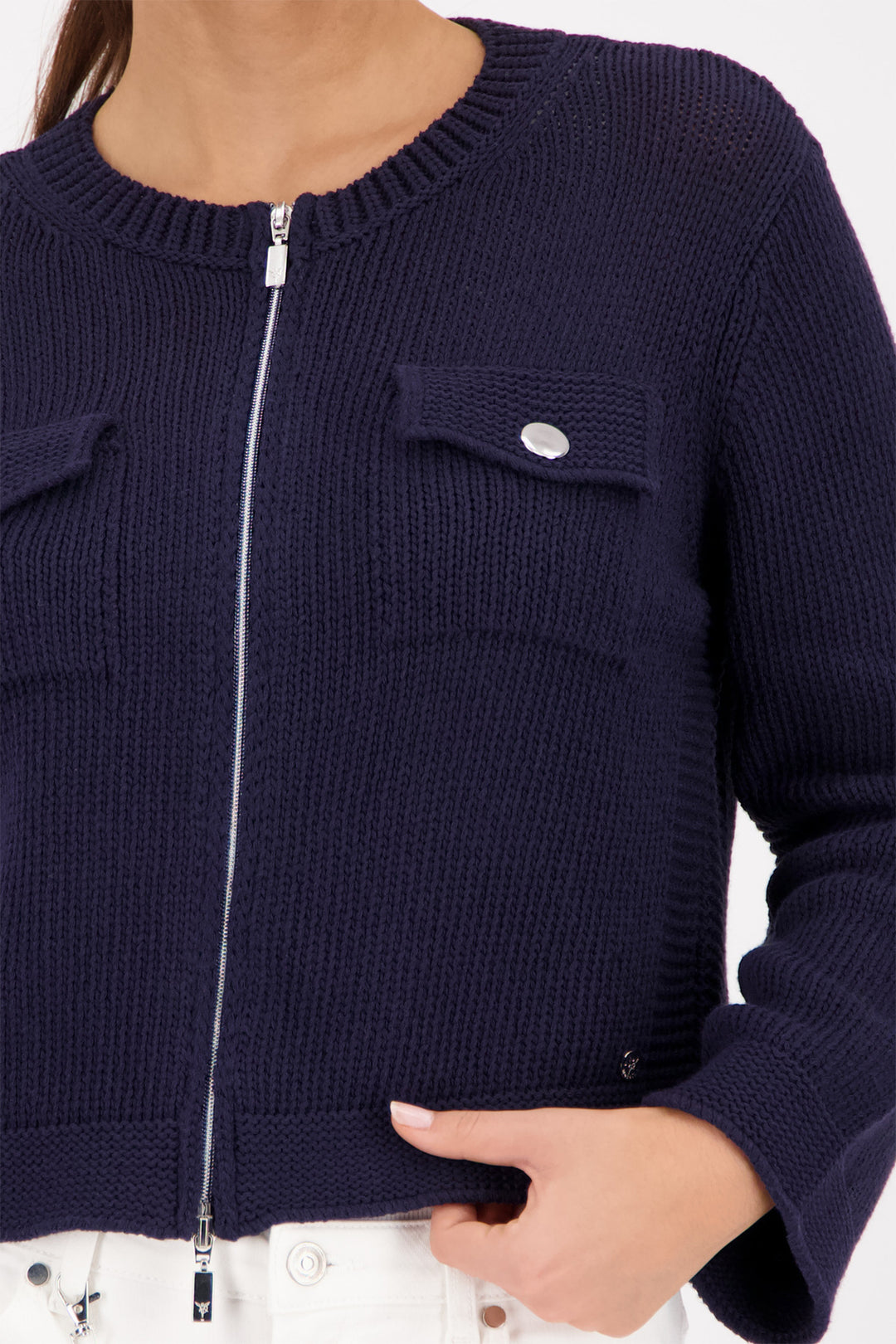 Monari 410209 755 Navy Zip Front Patch Pocket Cardigan