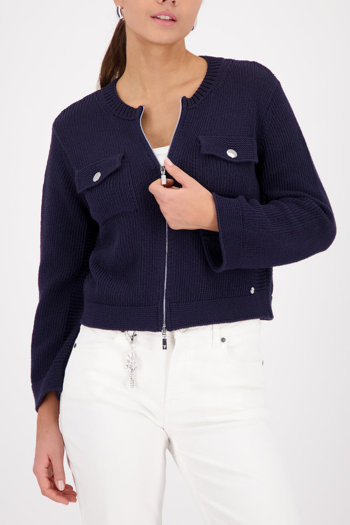 Monari 410209 755 Navy Zip Front Patch Pocket Cardigan