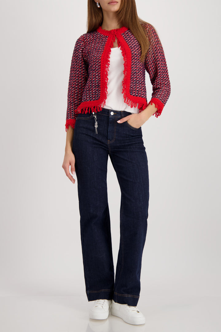 Monari 410386 755 Marine Navy Red Tweed Throw Jacket With Fringe