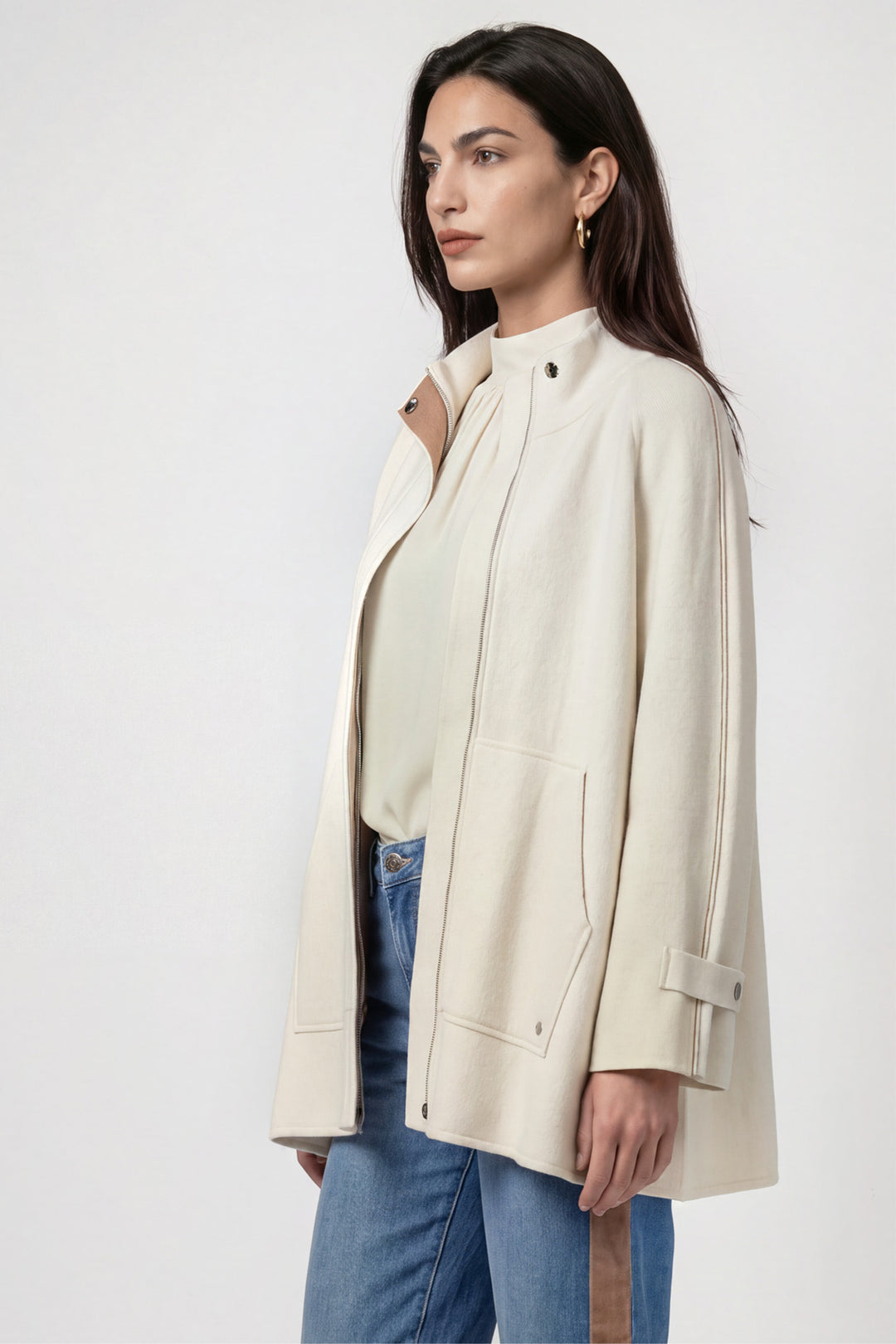 Monari Antique White Jacket 809951, side view showing the swing back and dropped shoulder