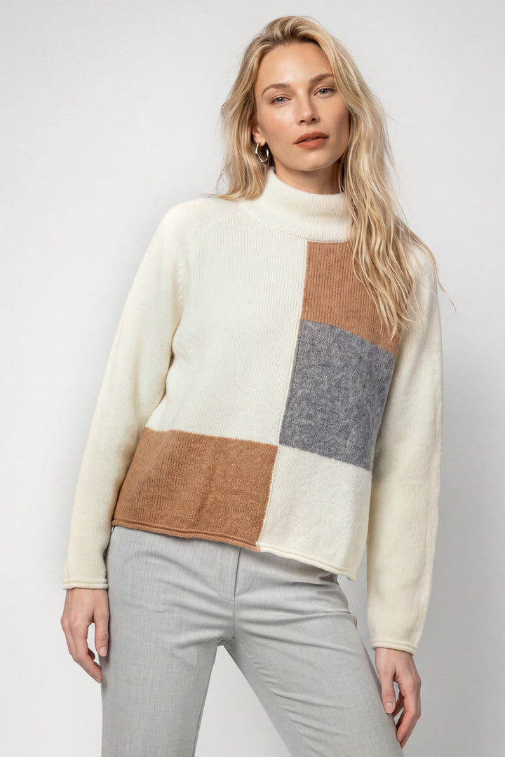 Monari Antique White Jumper 809953, front view of the colour-block turtleneck jumper