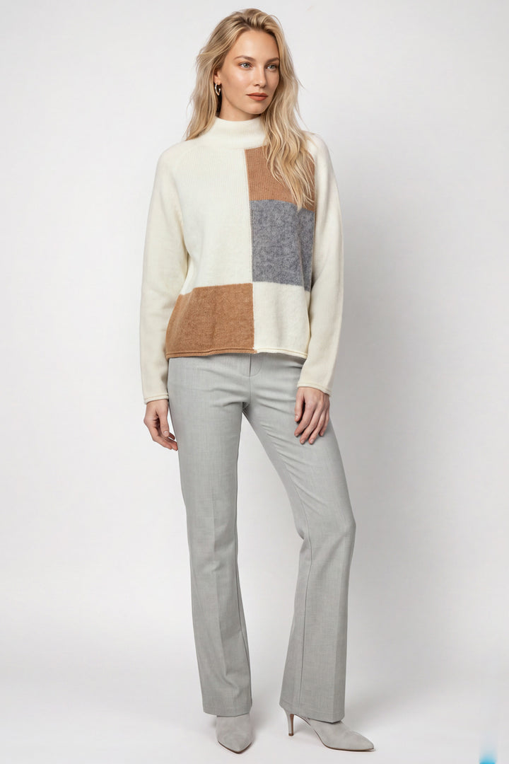 Monari Antique White Jumper 809953, close-up of the ribbed turtleneck and cuff detail