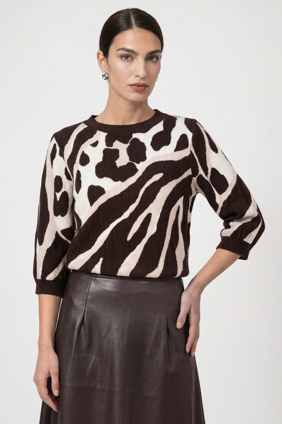 Monari Black Coffee Pattern Jumper 810069, front view of the jacquard print jumper