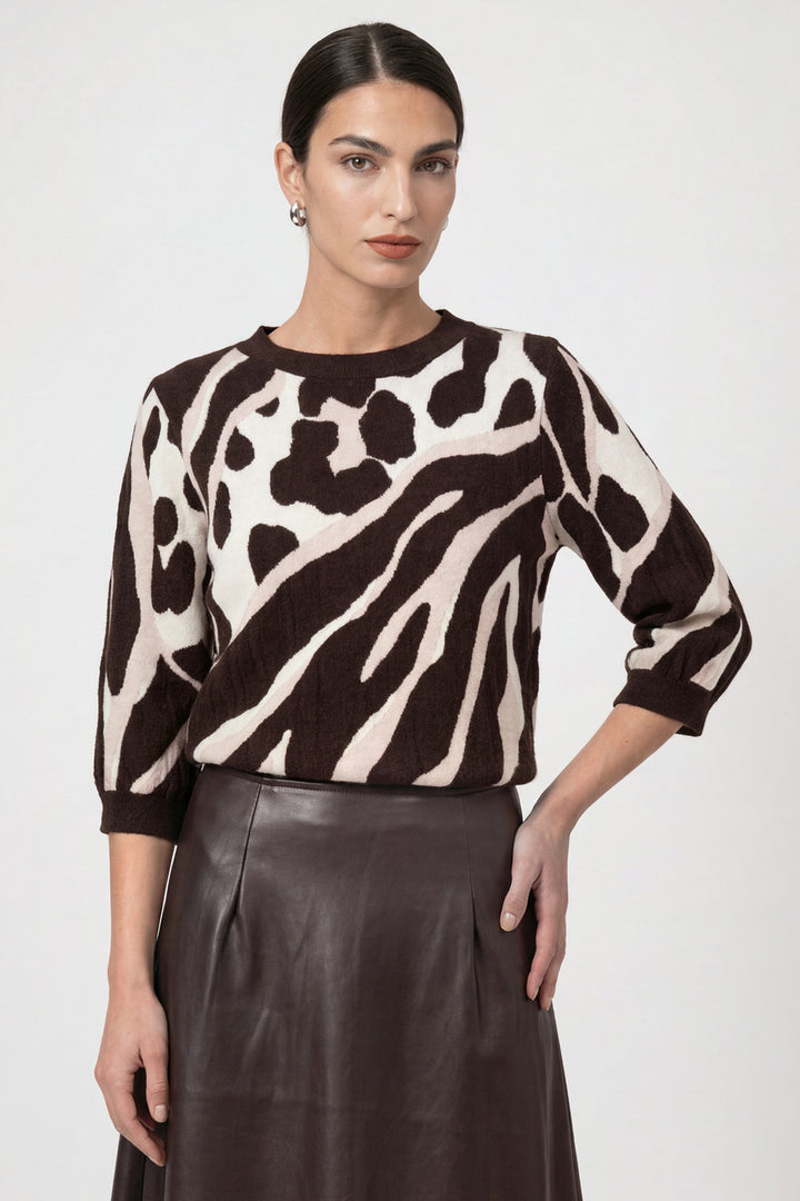 Monari Black Coffee Pattern Jumper 810069, front view of the jacquard print jumper