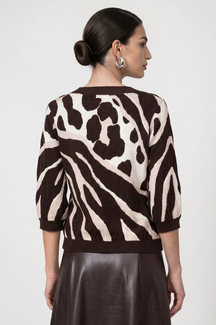 Monari Black Coffee Pattern Jumper 810069, back view of the coffee brown jacquard jumper