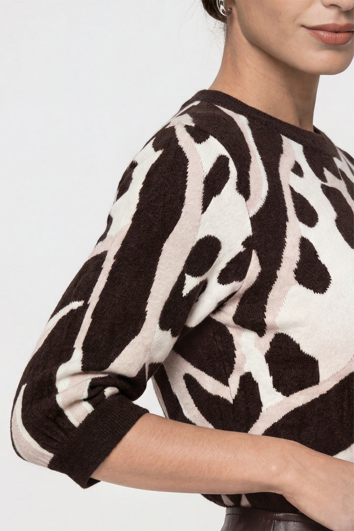 Monari Black Coffee Pattern Jumper 810069, close-up of the abstract animal-inspired jacquard pattern