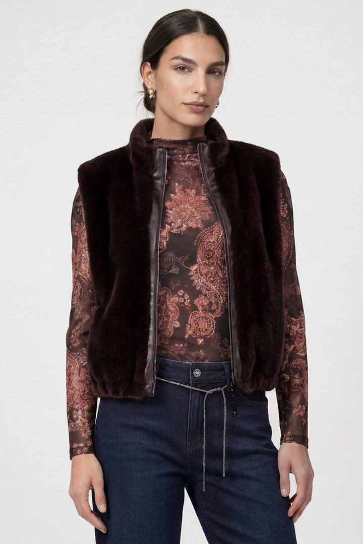 Monari Black Coffee Waistcoat 809734, front view of the faux fur gilet