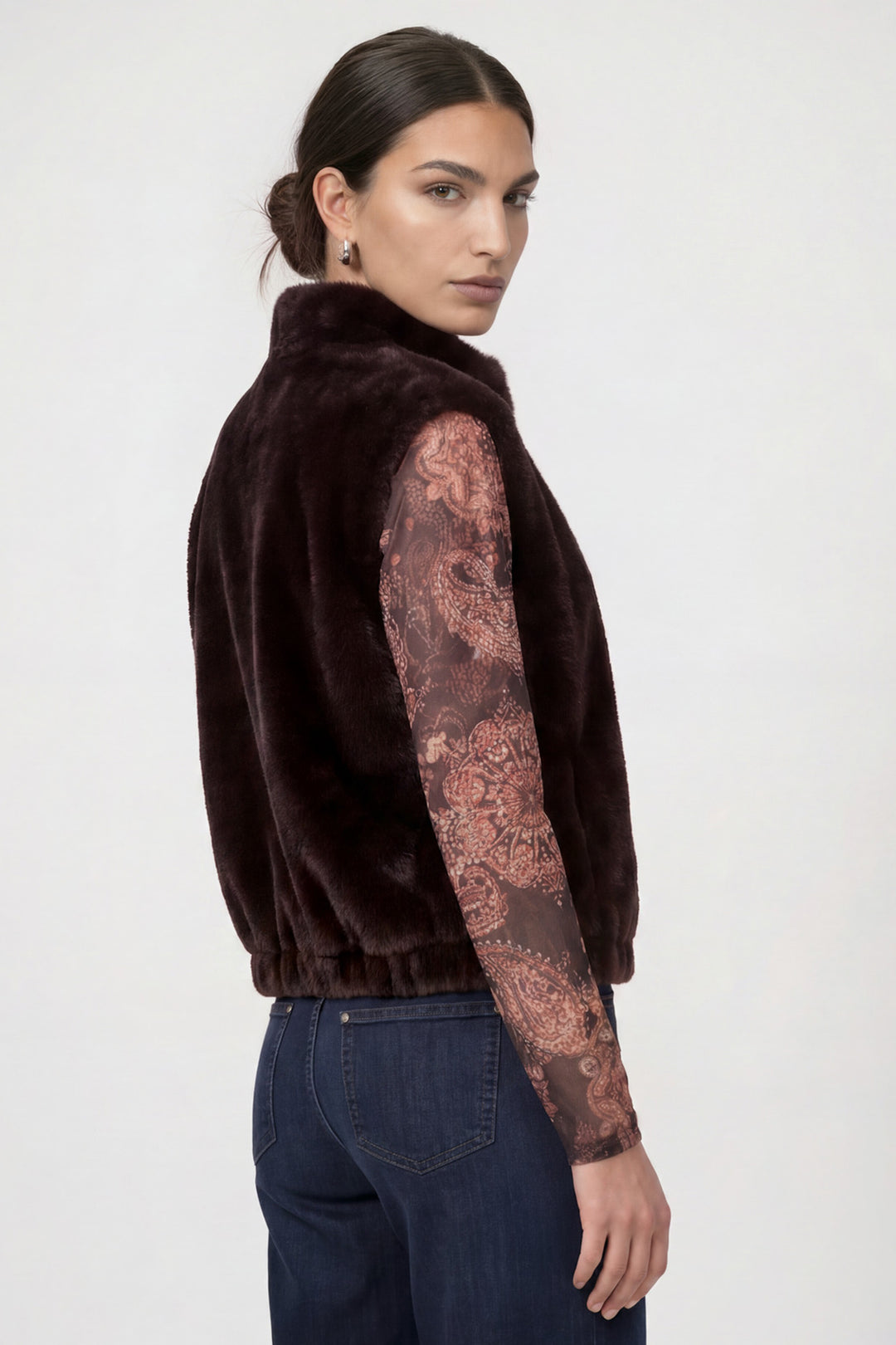 Monari Black Coffee Waistcoat 809734, side view showing the cropped elasticated fit