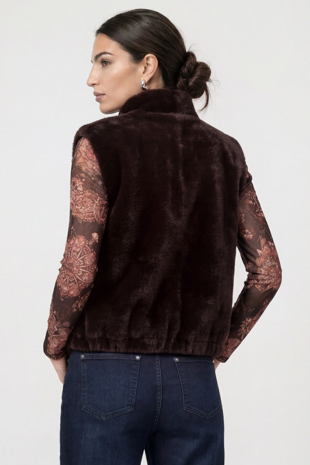 Monari Black Coffee Waistcoat 809734, back view of the chocolate brown faux fur gilet