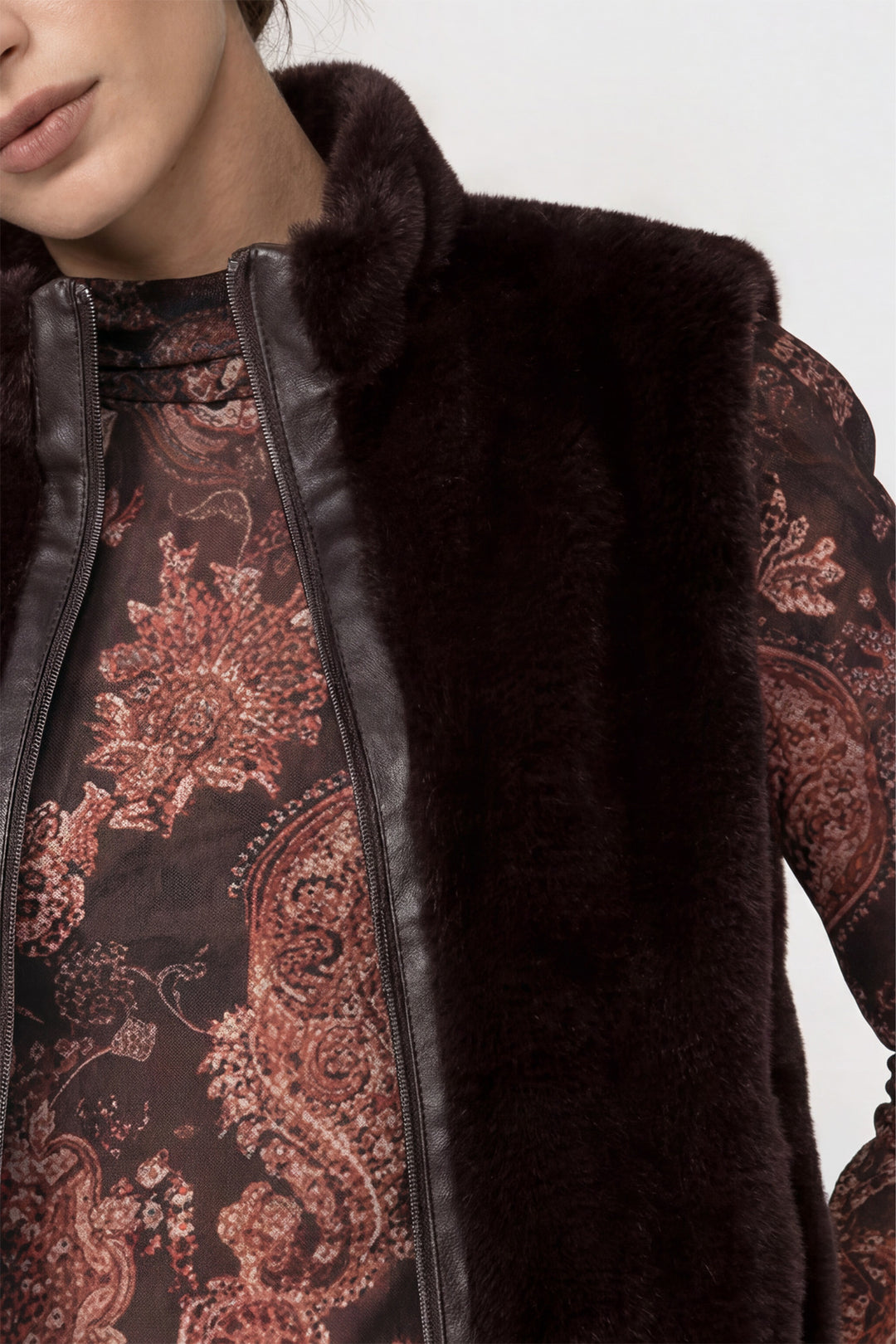 Monari Black Coffee Waistcoat 809734, close-up of the plush faux fur texture