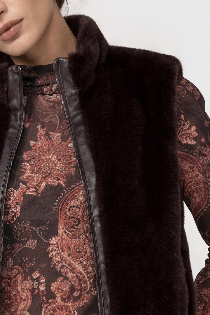 Monari Black Coffee Waistcoat 809734, close-up of the plush faux fur texture