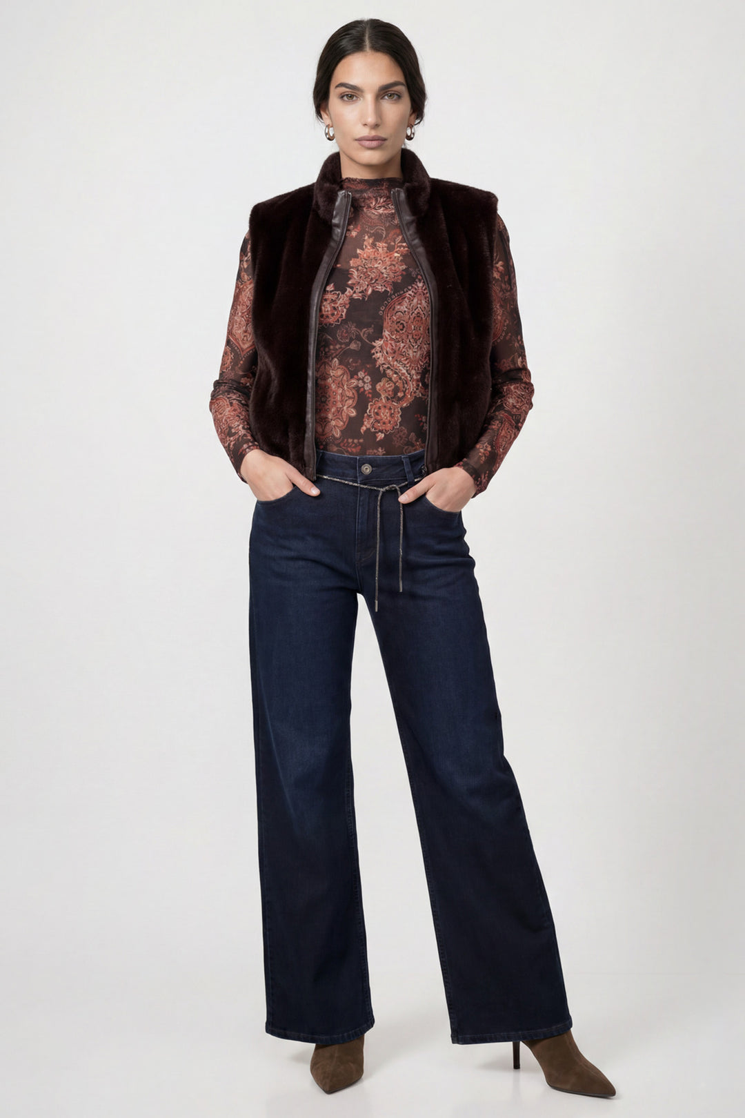 Monari Black Coffee Waistcoat 809734, close-up of the funnel collar and zip detail