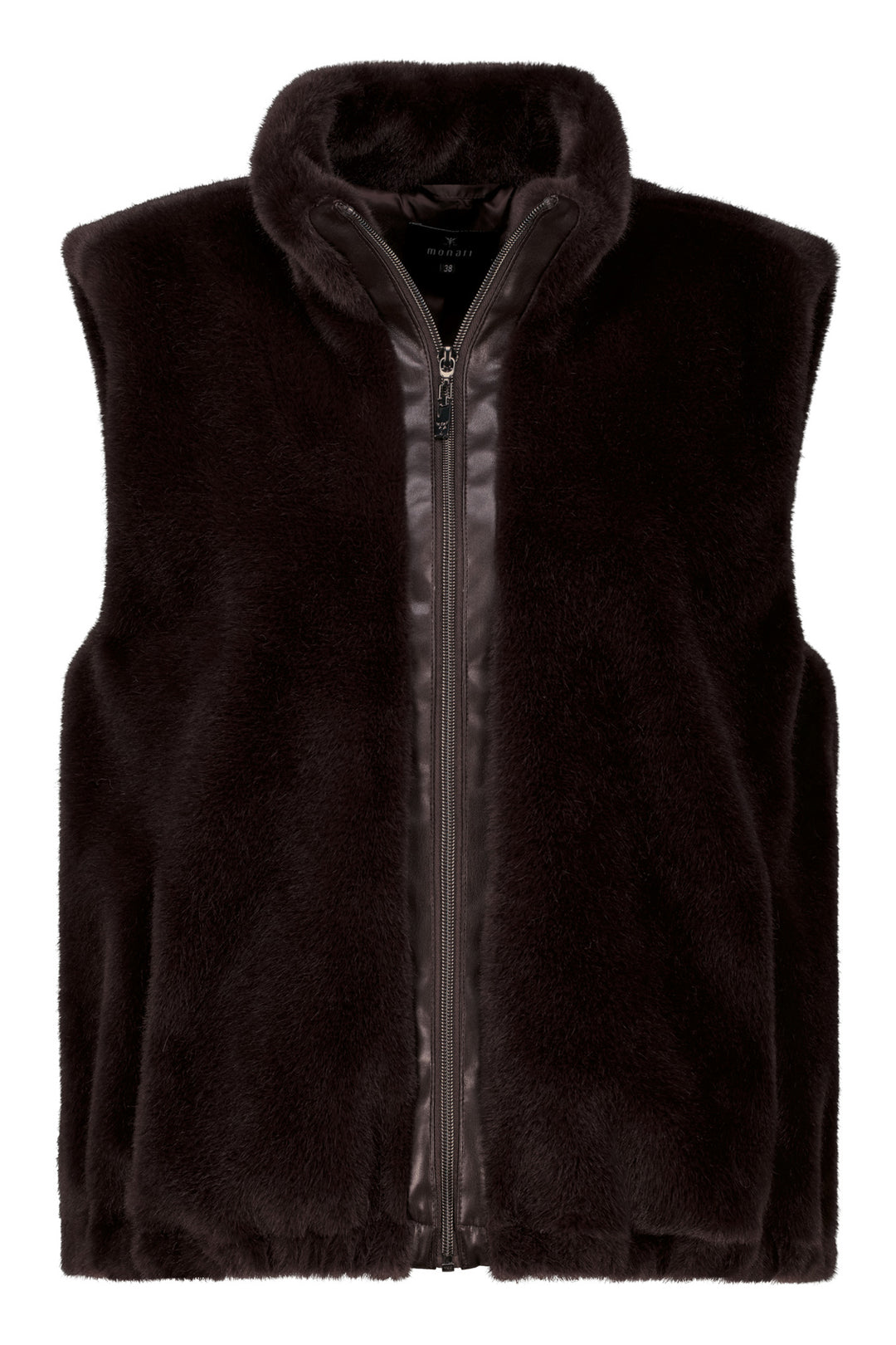 Monari Black Coffee Waistcoat 809734, worn zipped over a print top, styled view