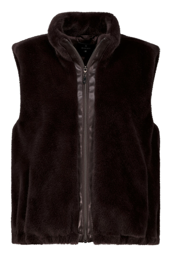 Monari Black Coffee Waistcoat 809734, worn zipped over a print top, styled view