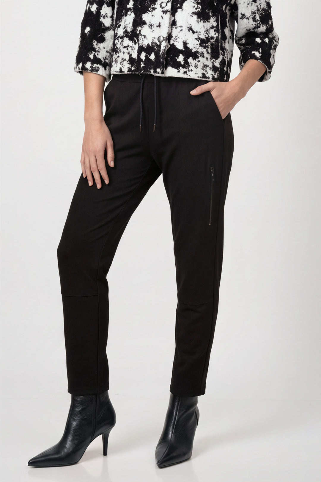 Monari Black Trousers 810036, front view of the tapered jersey trousers