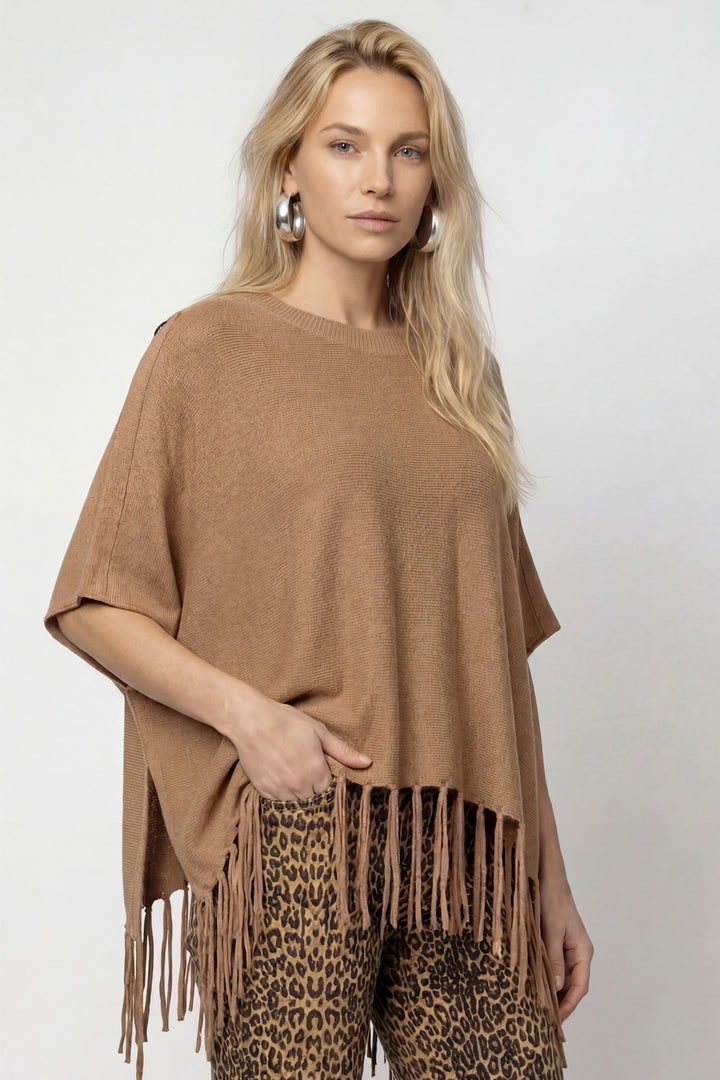 Monari Brown Sugar Jumper 809944, front view of the fringed poncho jumper