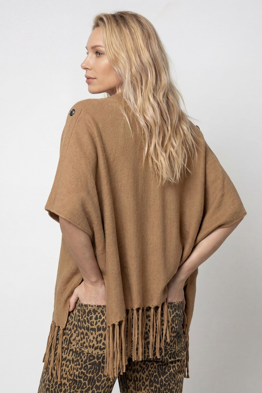 Monari Brown Sugar Jumper 809944, back view of the camel poncho jumper