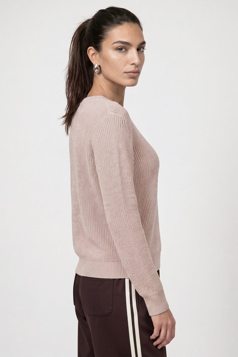 Monari Cappuccino Pink Jumper 810129, side view showing the dropped shoulder fit