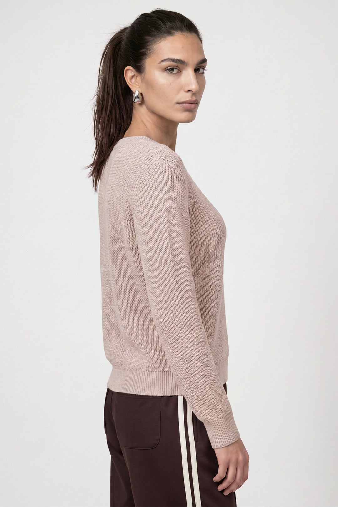 Monari Cappuccino Pink Jumper 810129, side view showing the dropped shoulder fit
