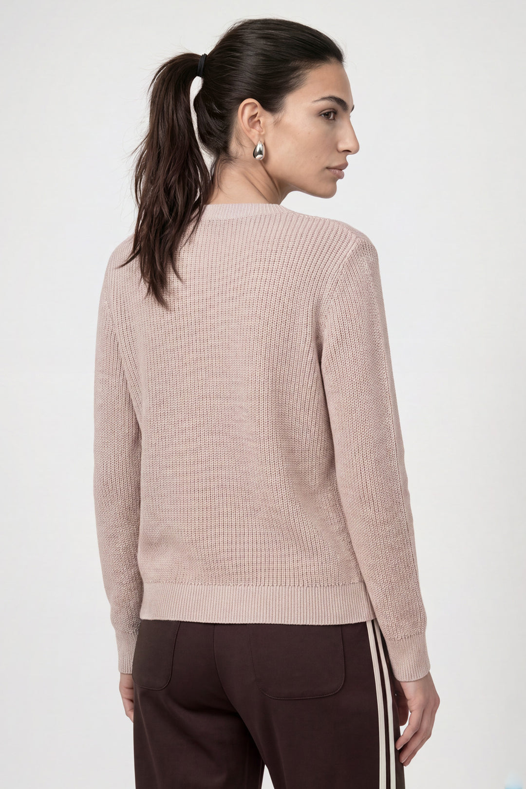 Monari Cappuccino Pink Jumper 810129, back view of the dusty pink rib knit jumper