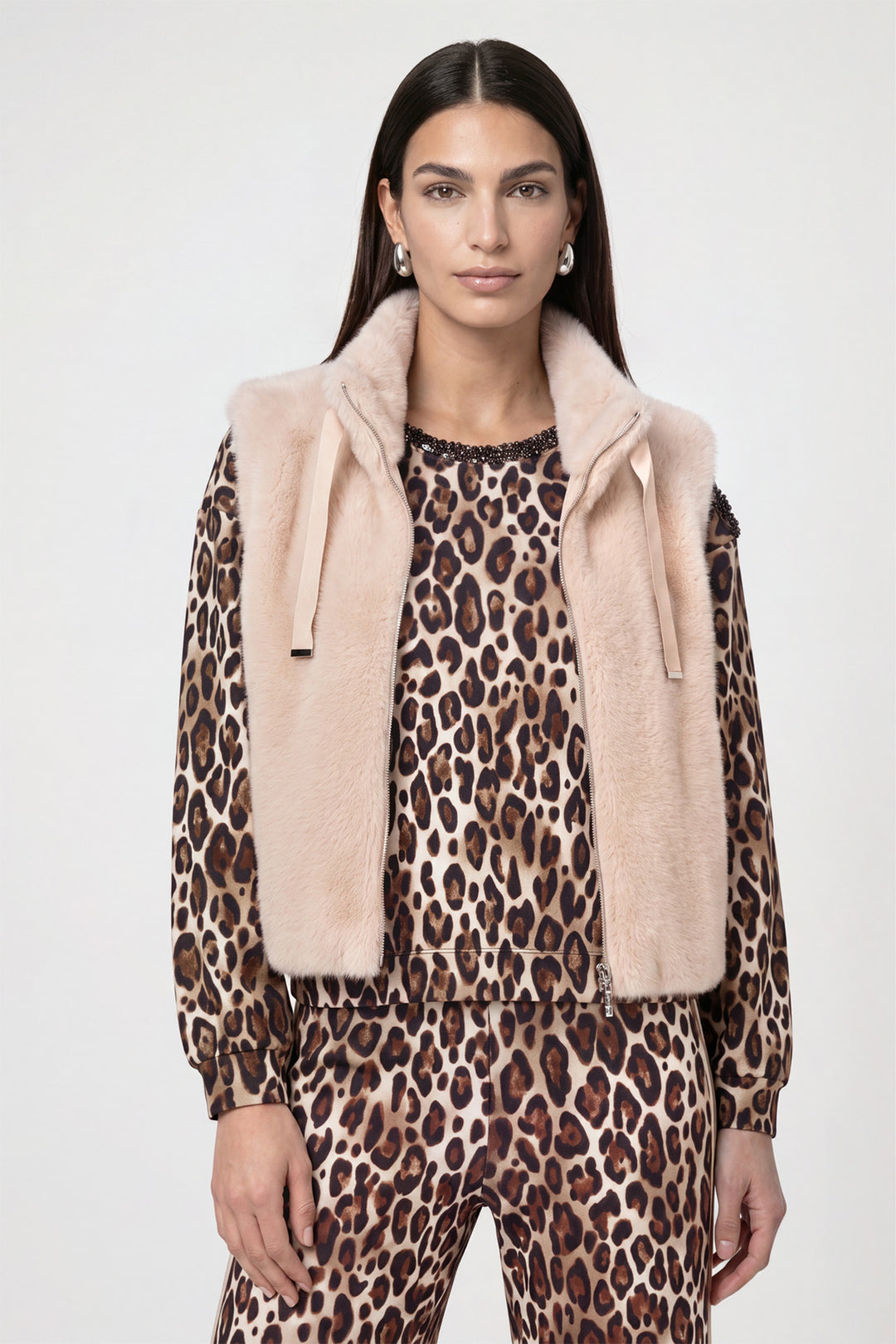 Monari Cappuccino Pink Waistcoat 810033, front view of the faux fur gilet