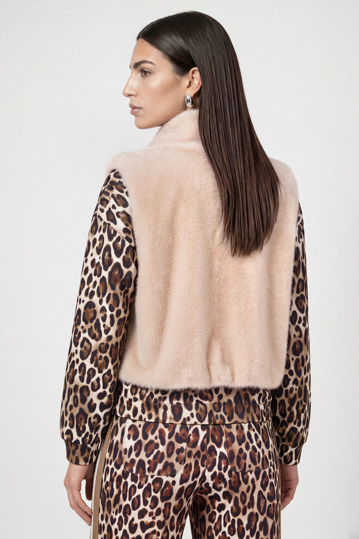 Monari Cappuccino Pink Waistcoat 810033, back view of the blush pink faux fur gilet