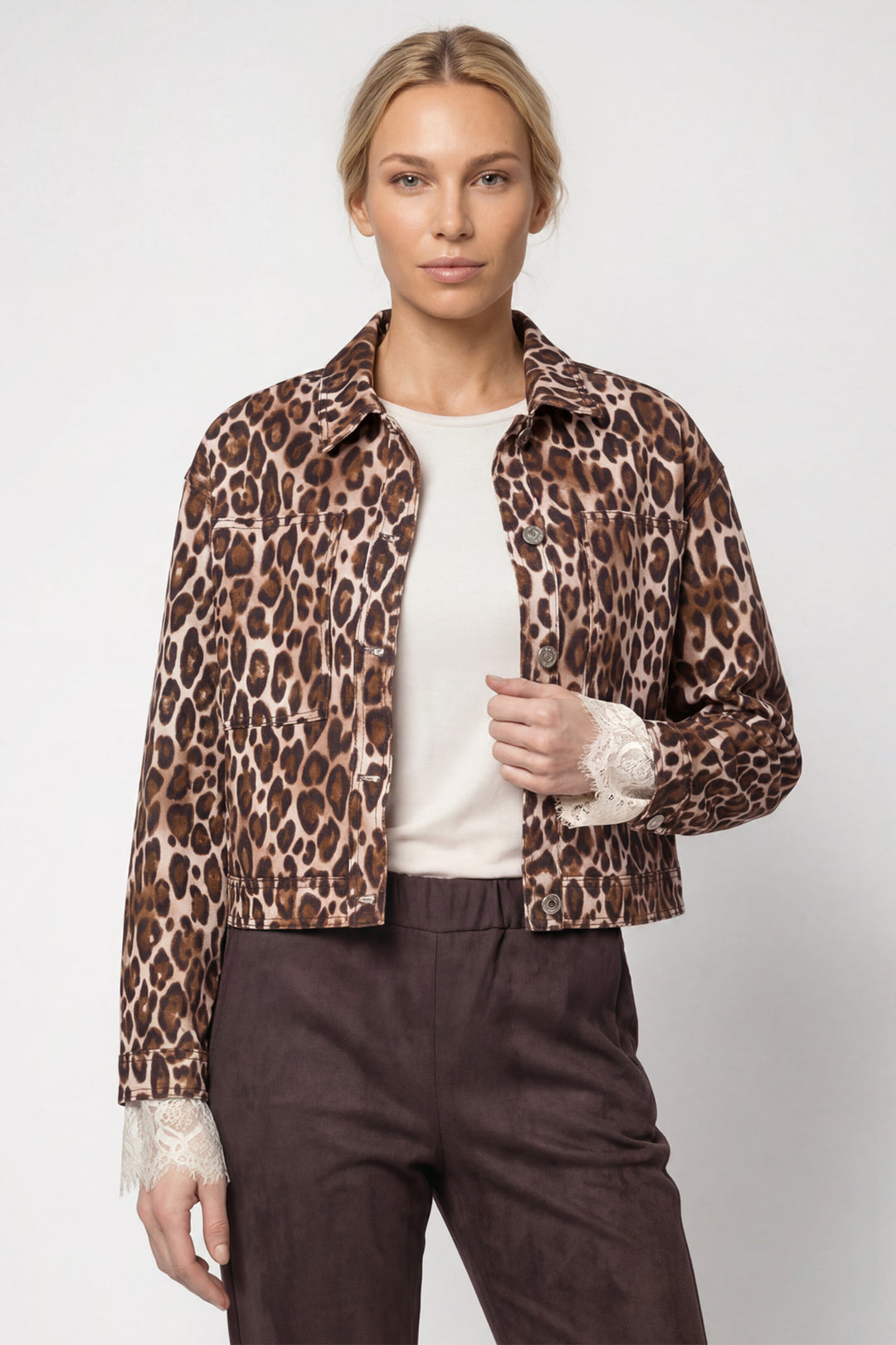 Monari Hazel Pattern Multicolor Jacket 809875, front view of the leopard print trucker jacket