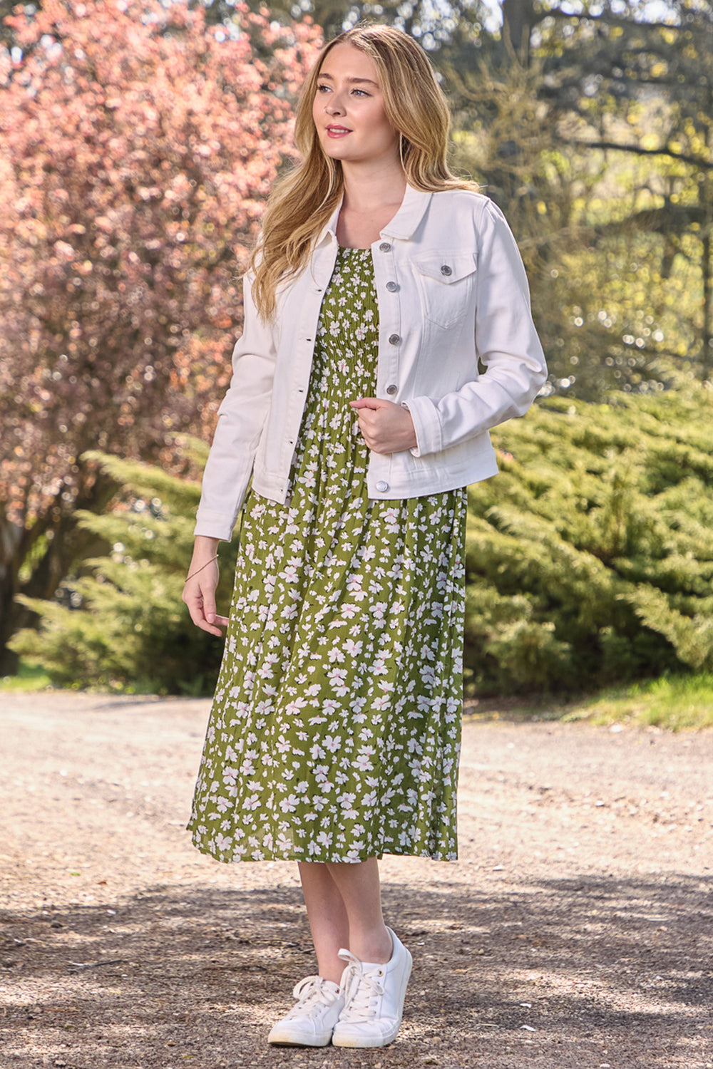 Mudflower Dress Khaki Floral Print Shirred SU-25MF-638 - Shirley Allum Boutique