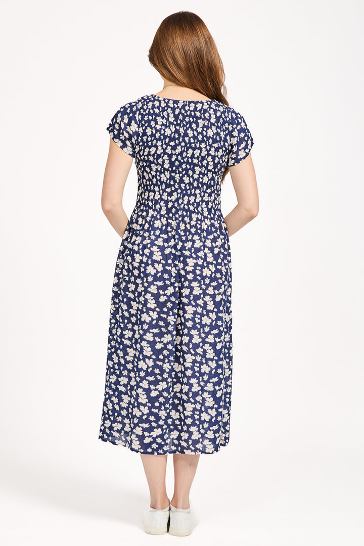 Mudflower Dress Navy Floral Print Shirred SU-25MF-638 - Shirley Allum Boutique