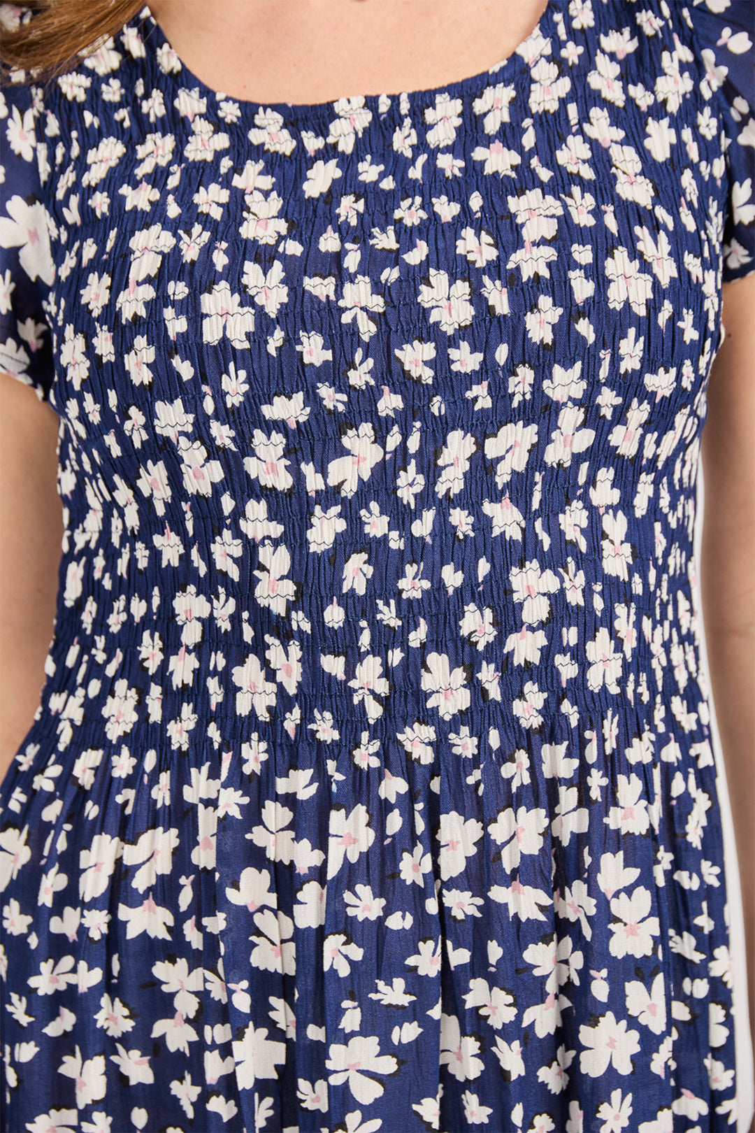 Mudflower Dress Navy Floral Print Shirred SU-25MF-638 - Shirley Allum Boutique