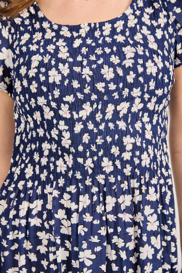 Mudflower Dress Navy Floral Print Shirred SU-25MF-638 - Shirley Allum Boutique