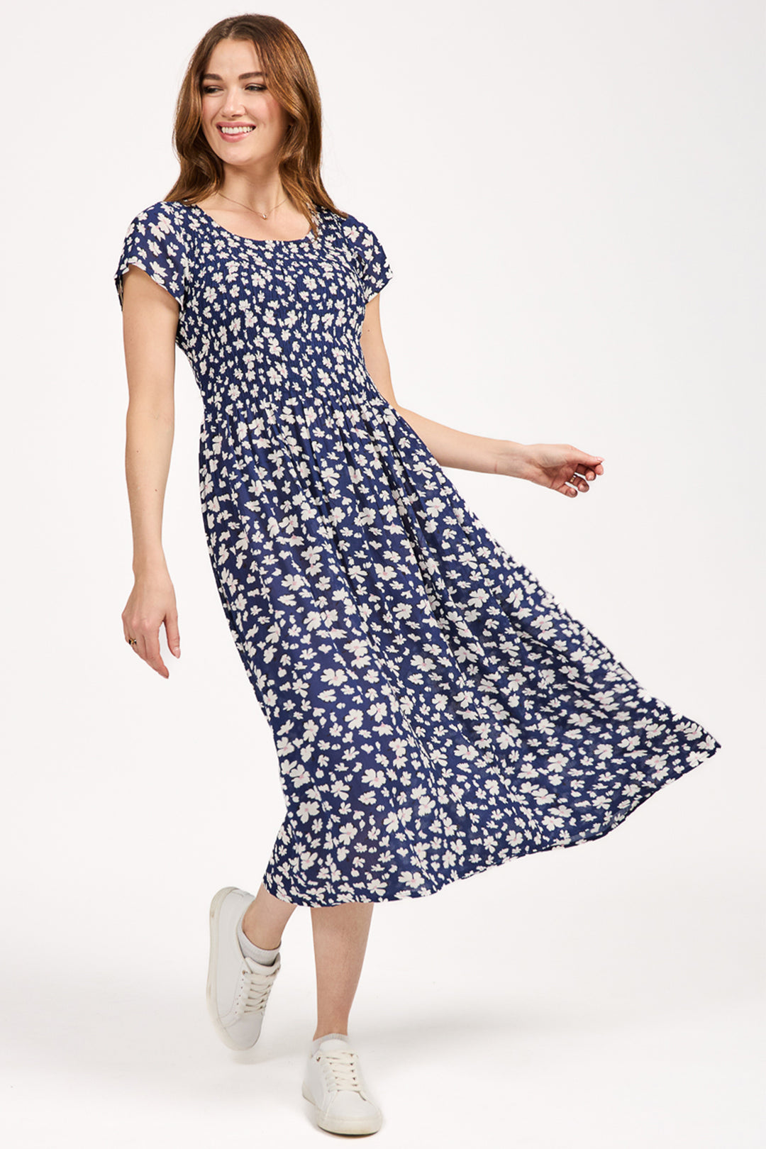 Mudflower Dress Navy Floral Print Shirred SU-25MF-638 - Shirley Allum Boutique