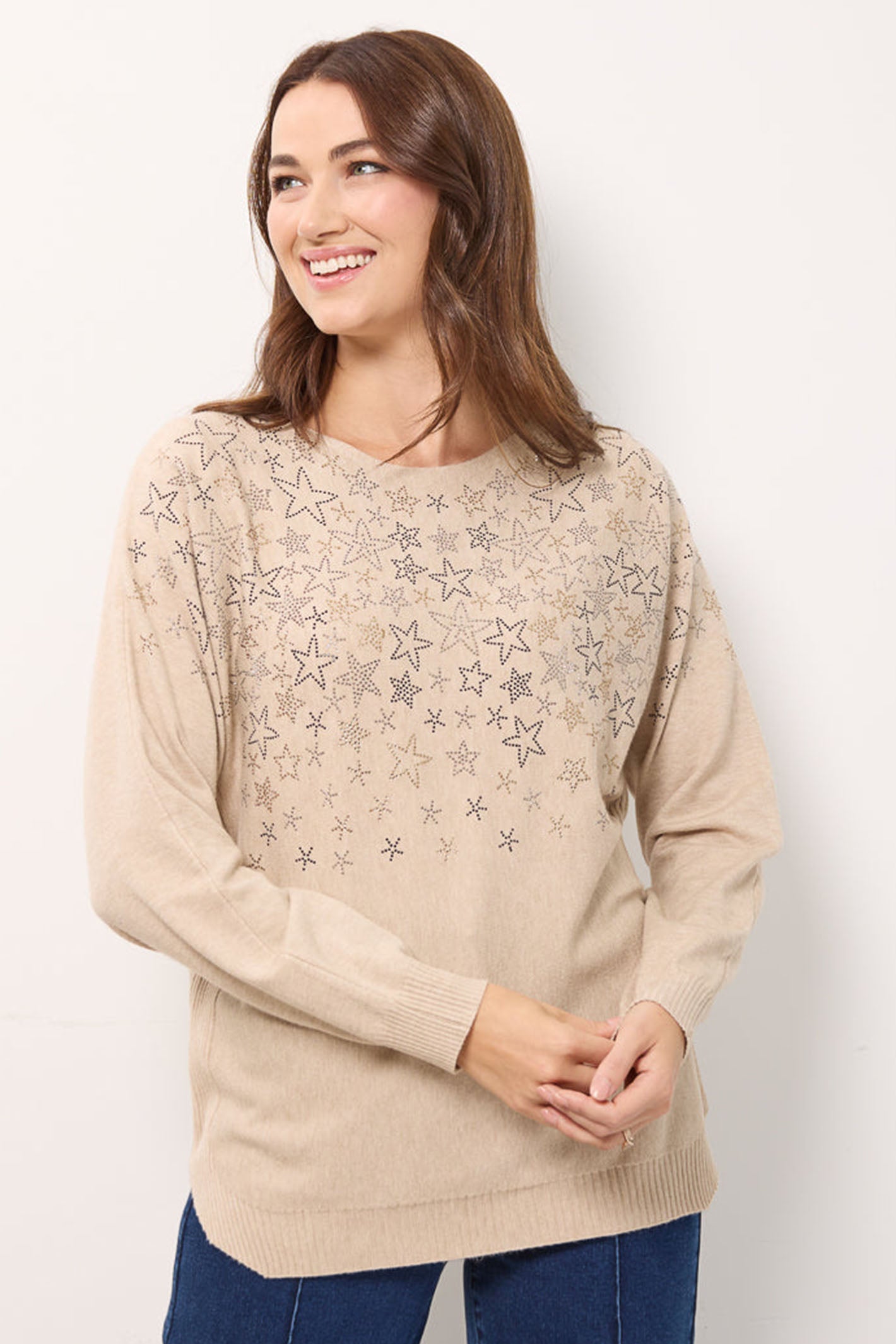 Mudflower Jumper SU 24MF 557 Beige Star Diamante Shirley Allum Boutique