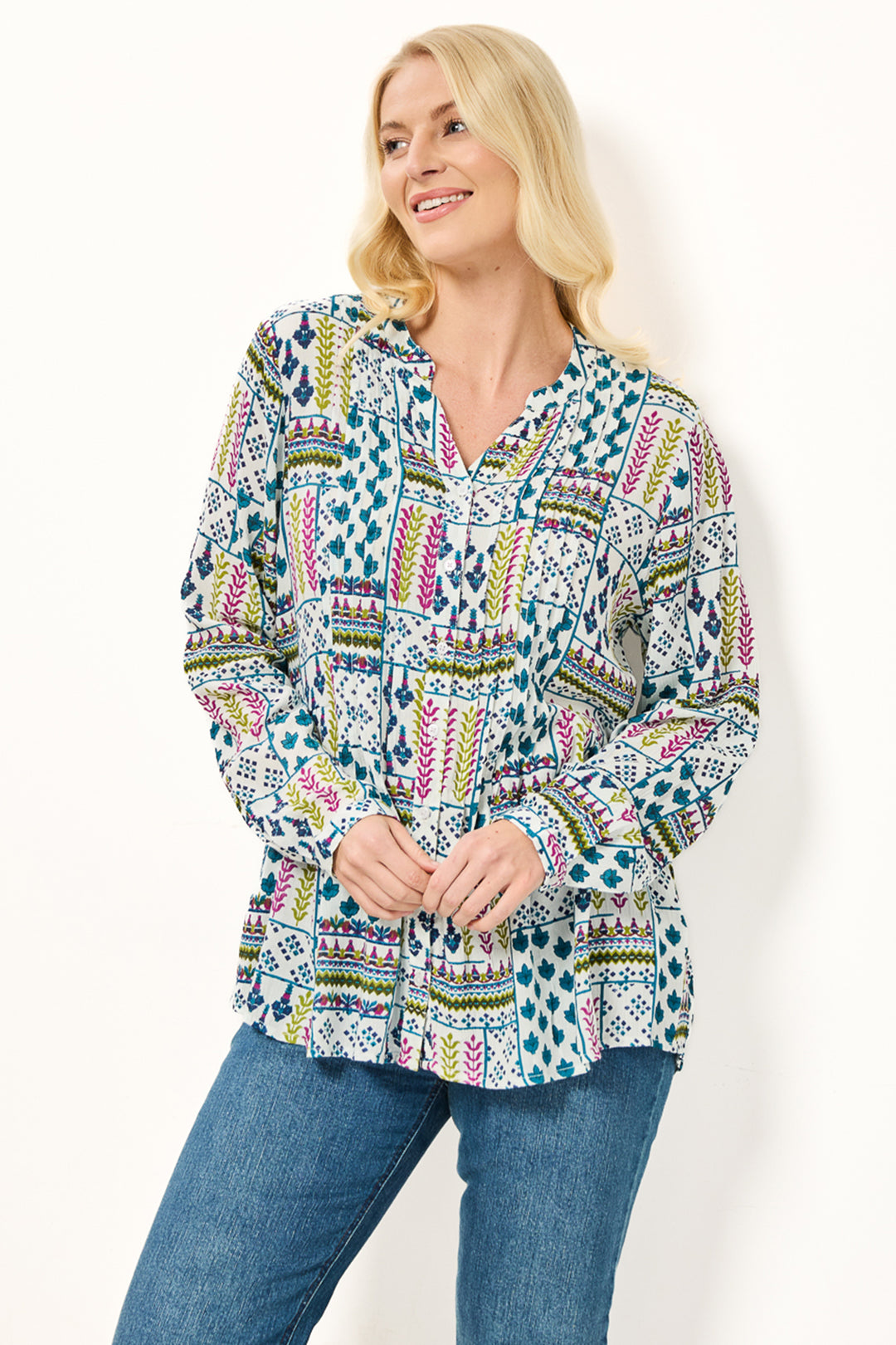 Mudflower Shirt Pintuck Printed Pink Combo SU-25MF-594 - Shirley Allum Boutique