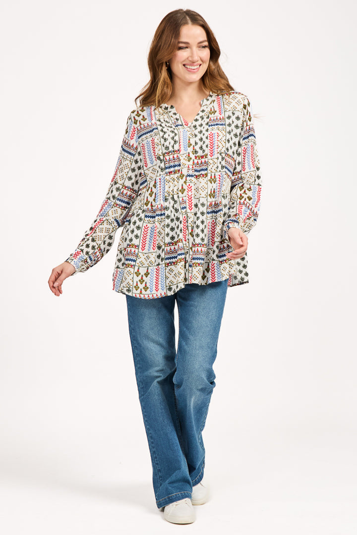 Mudflower Shirt Pintuck Printed Red Combo SU-25MF-594 - Shirley Allum Boutique